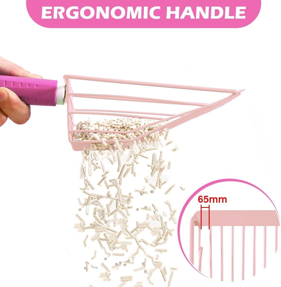 Apidgrowth Cat Litter Scoop, 2-In-1 Detachable Ergonomic Handle, Metal, Bar Grid Shape With Suspendable Cord (Pink)
