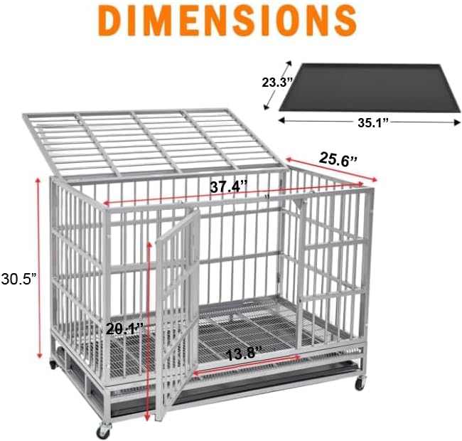 48 Inch Heavy Duty Dog Crate Cage with Wheels, Indestructible and Escape Proof Steel Kennel Indoor for High Anxiety Dogs with St