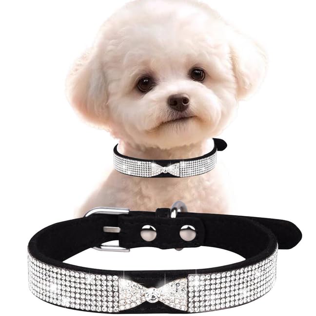 Black Bling Collars For Small Dogs, Pretty Crystal Sparkly Diamond Bow Rhinestone Cat Collars Glitter Jeweled Bling Girl Puppy C