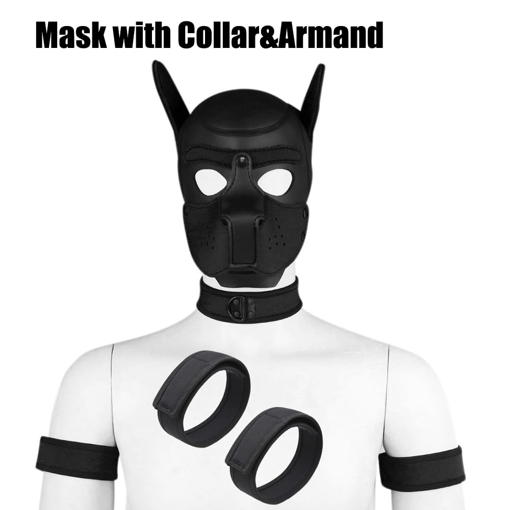 Quyuwowo Neoprene Dog Full Face Puppy Mask Removable Pup Hood Halloween Mask (Black, Mask)