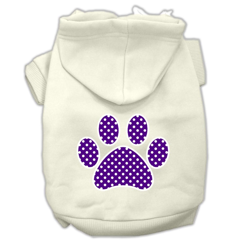 Pet, Dog & Cat Hoodie Screen Printed, 'Purple Swiss Dots Paw' Cream Lg (10-14 Lbs.)