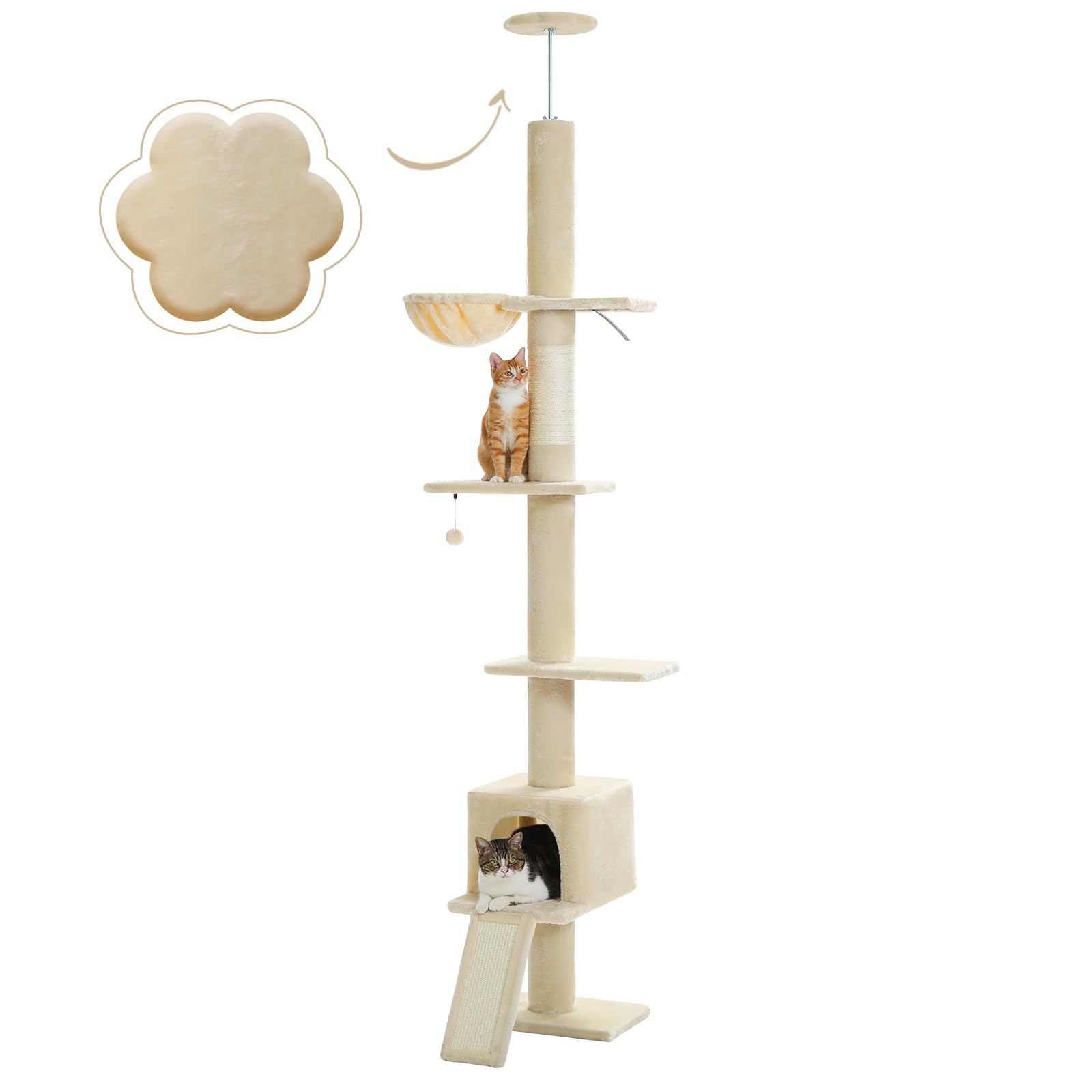 Pequlti Cat Tree Floor To Ceiling, Tall Cat Tower, Adjustable Height (83'-108') 5 Tiers Climbing Tree For Indoor Cats With Cat