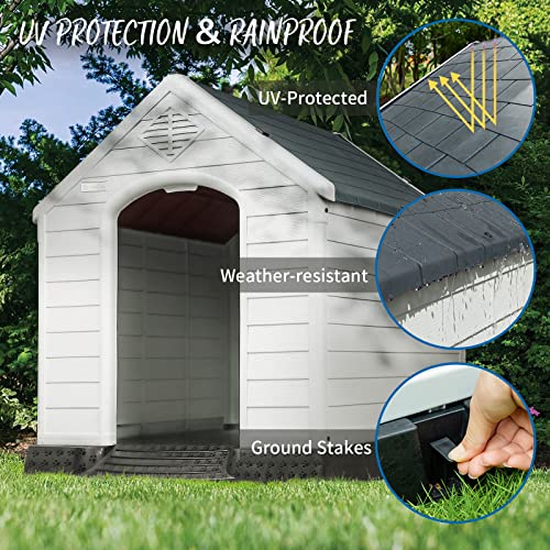 Pukami Durable Plastic Dog House With Elevated Floor And Air Vents For Outdoor Indoor Small Medium Large Dogs,Waterproof Ventilate & Easy Clean And Assemble(Grey, 42Inch)