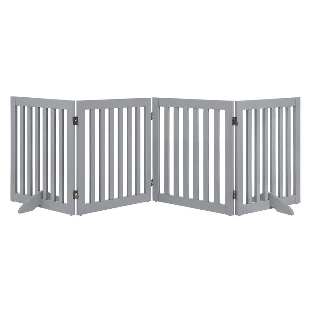 Unipaws 24' H Free Standing Pet Gate For Dog Cat, Wooden Dog Gates For Doorway, Stairs, Step Over Foldable Pet Fence For The House, Expandable Dog Barrier, Indoor Use, Grey