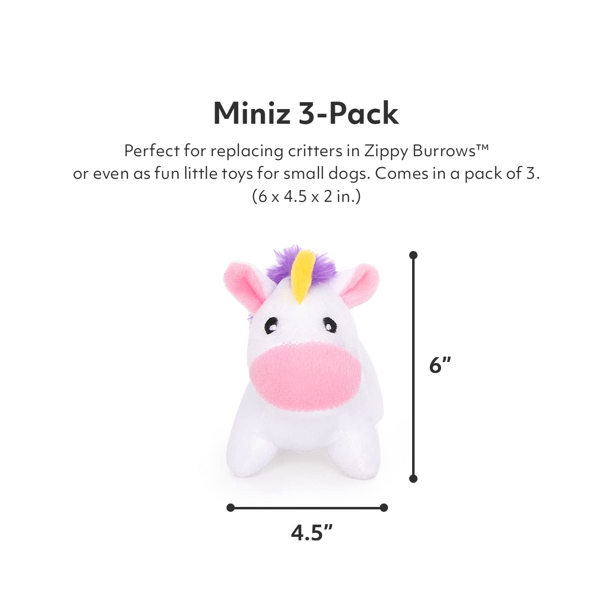 ZippyPaws Burrow Miniz 3-Pack - Plush Unicorn Dog Toys with Squeakers, Burrow Refill, Perfect for Aggressive Chewers, Rainbow Design