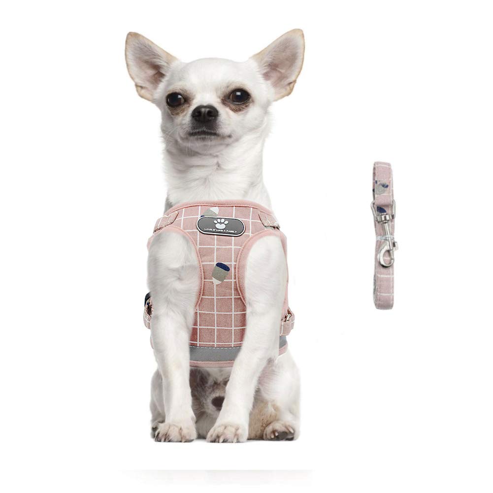 FEimaX No Pull Dog Harness and Leash Set, Soft Padded Pet Plaid Vest Harness for Small Medium Dogs and Cats, Reflective Ajudstab