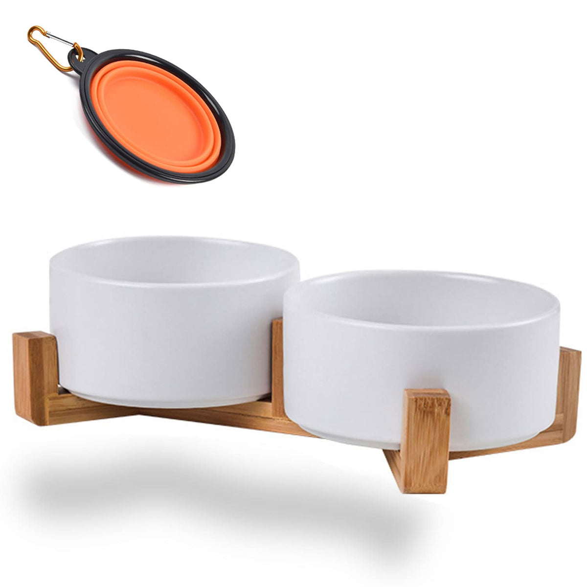 Petygooing Dog Bowls,White Ceramic Cat And Dog Bowl Set With Wood Stand For Food And Water, Non-Slip Cute Modern Pet Dish Set For Cats & Medium Dogs (28Oz)