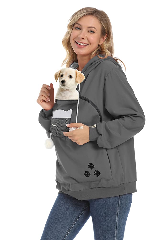 Ziifullhou Women Pet Carrier Sweatshirt Puppy Kitten Holding Hoodies Long Sleeve Pouch Tops (Xxxx-Large, Dark Grey)