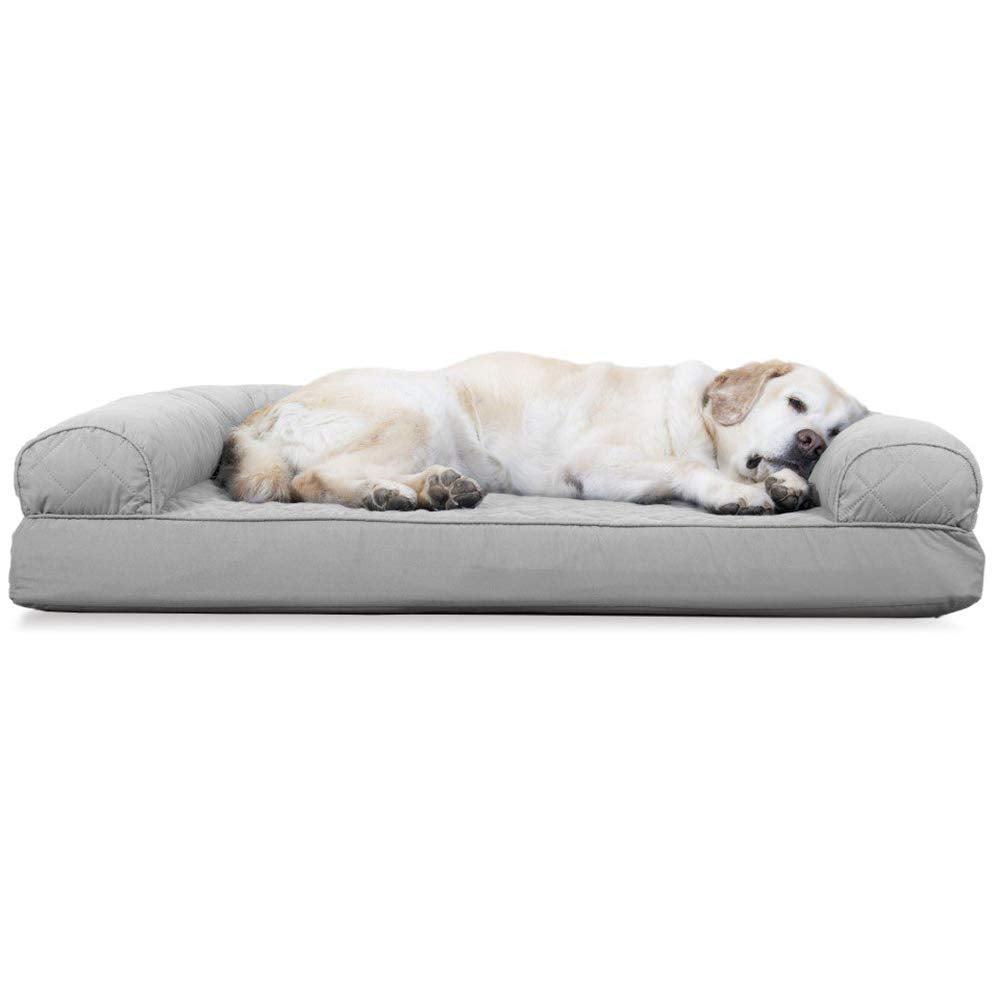 Furhaven Cooling Gel Dog Bed For Large Dogs W/ Removable Bolsters & Washable Cover, For Dogs Up To 95 Lbs - Two-Tone Plush Faux 