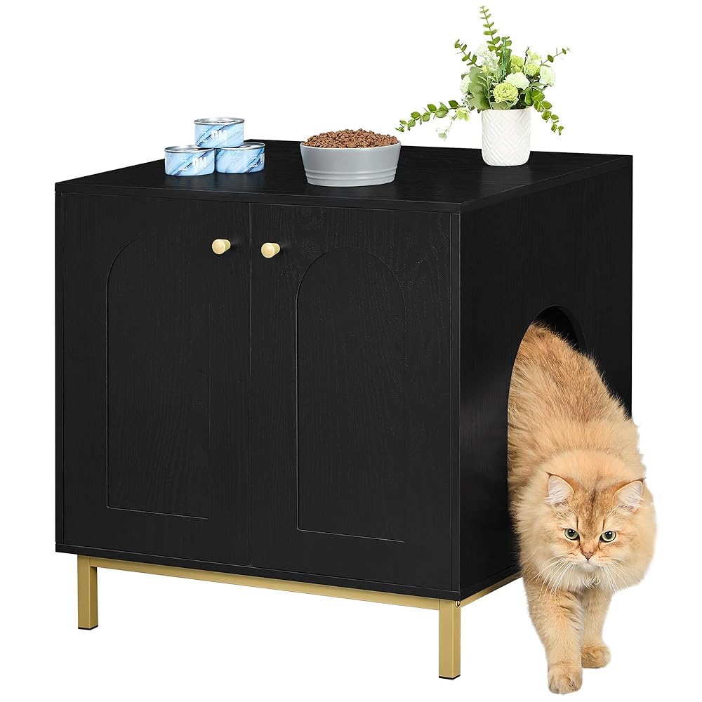 Hzuaneri Cat Litter Box Enclosure, Hidden Litter Box Furniture, Wooden Pet House Side End Table, Storage Cabinet Bench, Fit Most Cat And Litter Box, Living Room, Bedroom, Black And Gold Cb81204G