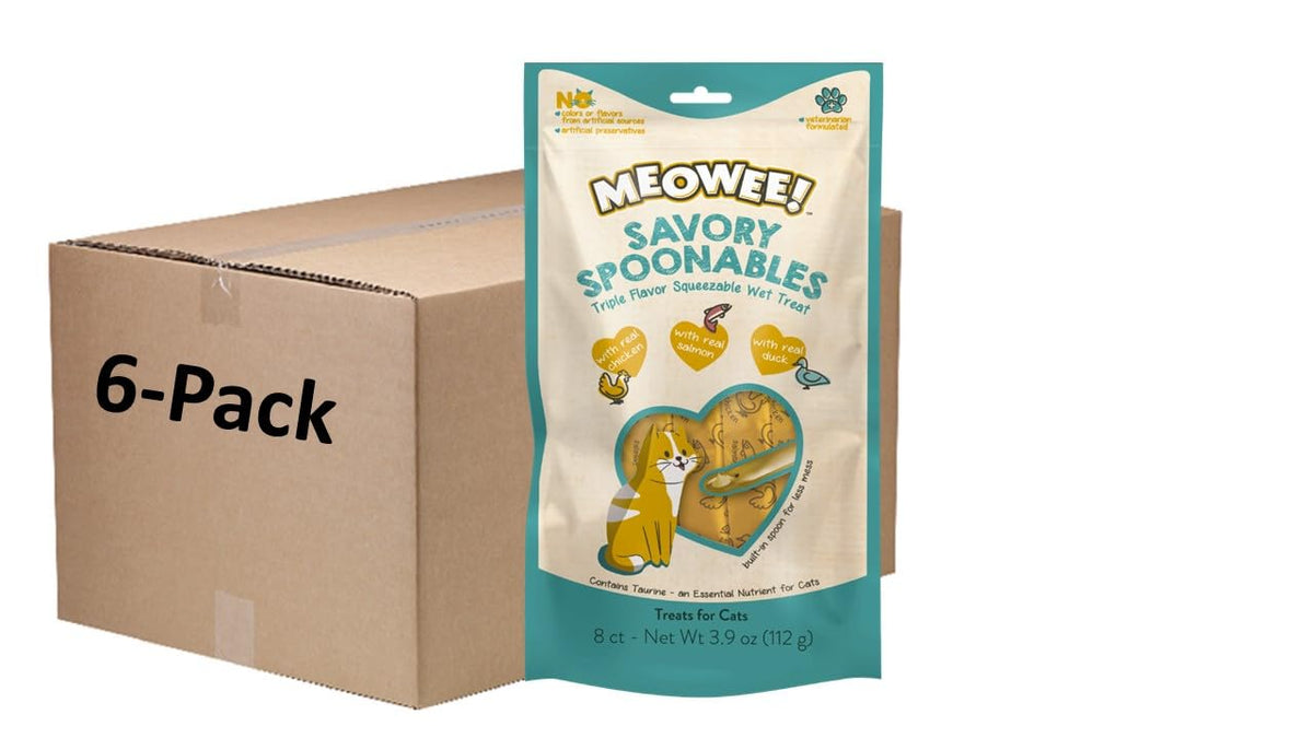 Meowee! Savory Spoonables With Real Chicken, Salmon & Duck, 8 Count Tube, Triple Flavor Squeezable Lickable Wet Treats For Cats 