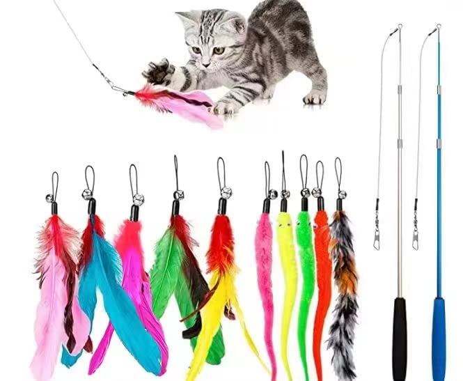 Jiaron Cat Toys Feather Toy, 2Pcs Retractable Wand And 10Pcs Replacement Teaser With Bell Refills, Interactive Catcher And Funny