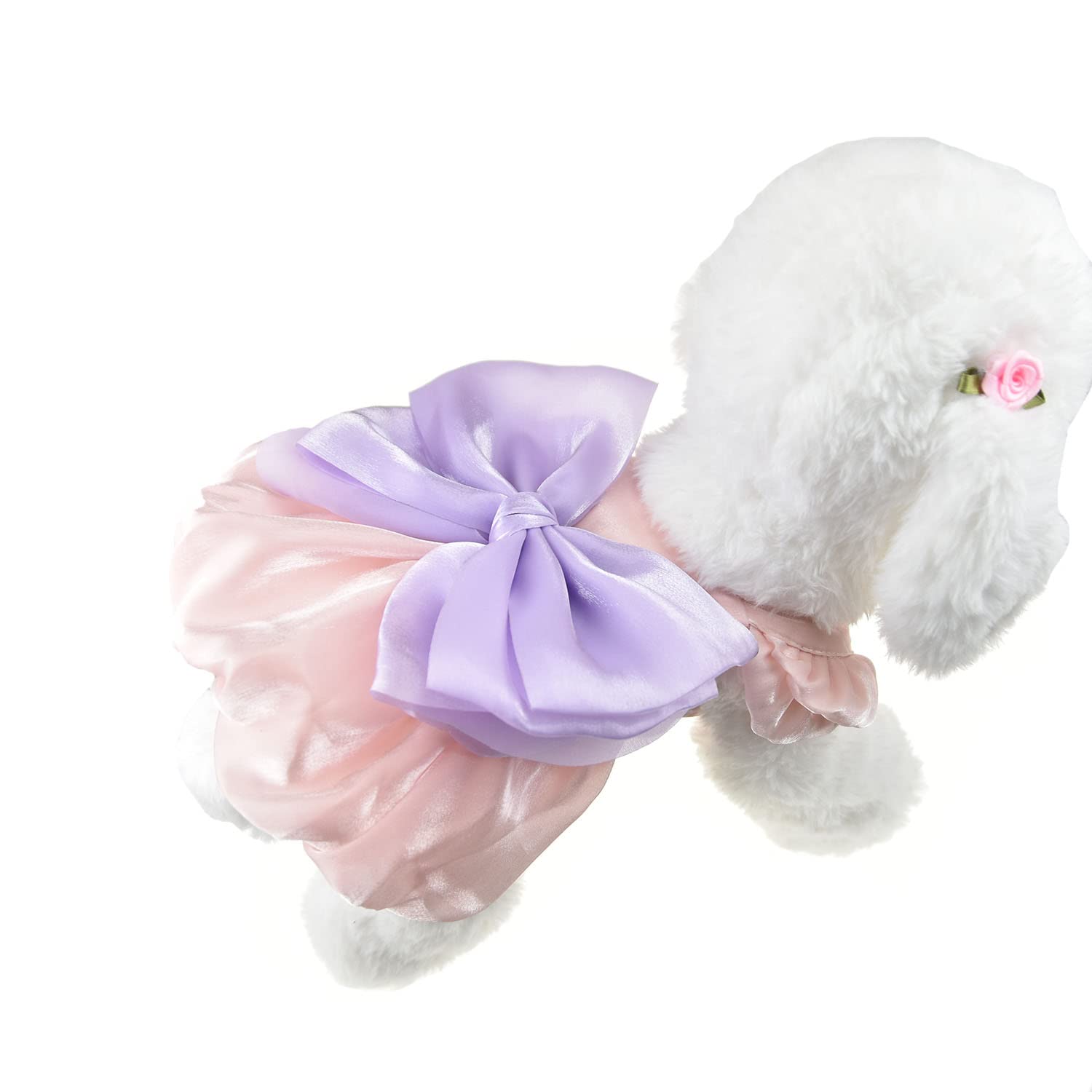 Fladorepet Shining Dog Dress Tutu Pink Bowknot Pet Clothes For Wedding Birthday Party Doggy Gown Puppy Outfits Cat Apparel (Purp