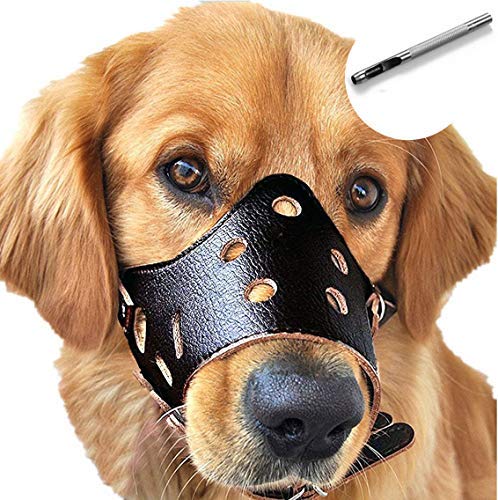 Dog Muzzle Leather, Comfort Secure Anti-Barking Muzzles For Small Medium Large Dogs, Breathable And Adjustable, Allows Drinking And Panting, Used With Collars (Black)