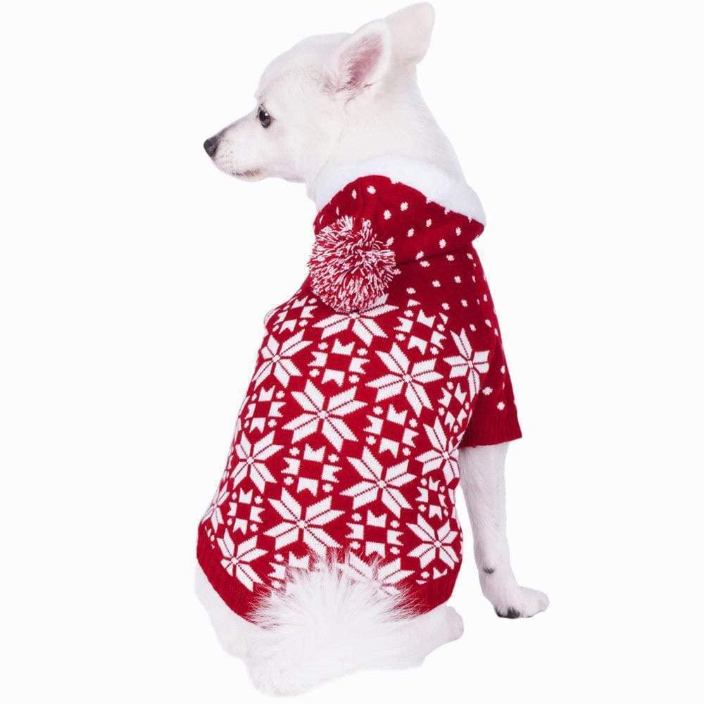 Blueberry Pet Let It Snow Classic Ugly Christmas Holiday Snowflake Pullover Hoodie Dog Sweater In Red And White, Back Length 20', Pack Of 1 Clothes For Dogs