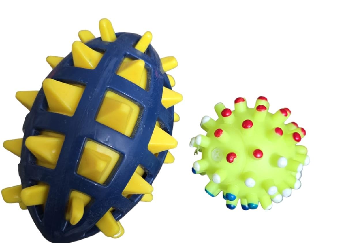 PetDogPuppy Chew Toys | Squeaky | Spiked | Aggressive Chewers | Dental Cleaning | NonToxic Soft Natural Rubber Rugby & Ball | T