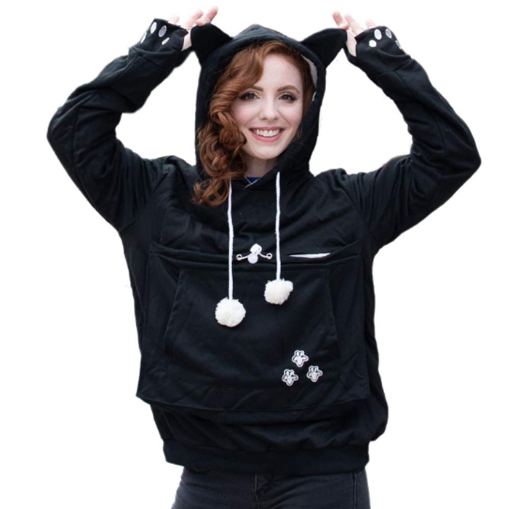 Unisex Big Pouch Hoodie Long Sleeve Pet Dog Holder Carrier Sweatshirt,Black,X-Large