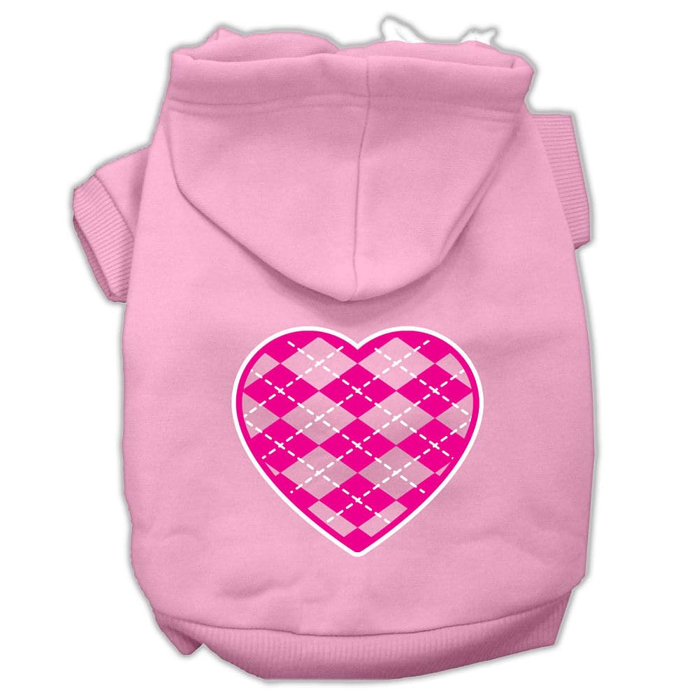 Pet Dog & Cat Hoodie Screen Printed, 'Pink Argyle Heart' Light Pink Xs (0-3 Lbs.)