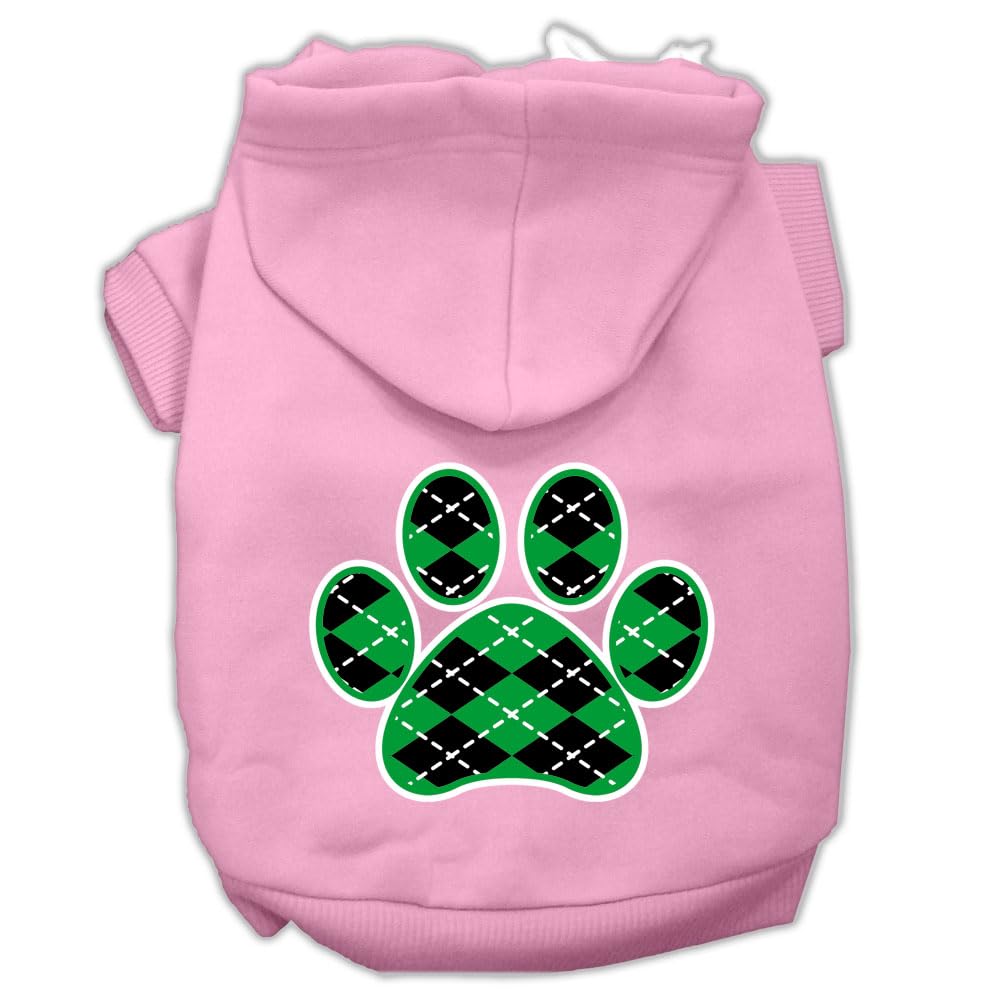 Pet Dog & Cat Hoodie Screen Printed, 'Green Argyle Paw' Light Pink Xs (0-3 Lbs.)