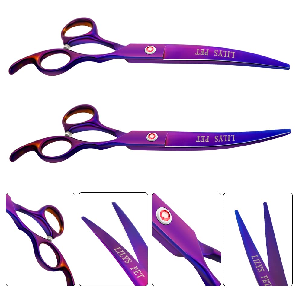 Lilys Pet Professional Pet Dog Grooming Coated Titanium Scissors Suit Cutting&Curved&Thinning Shears (7.0 Inches, Purple)…