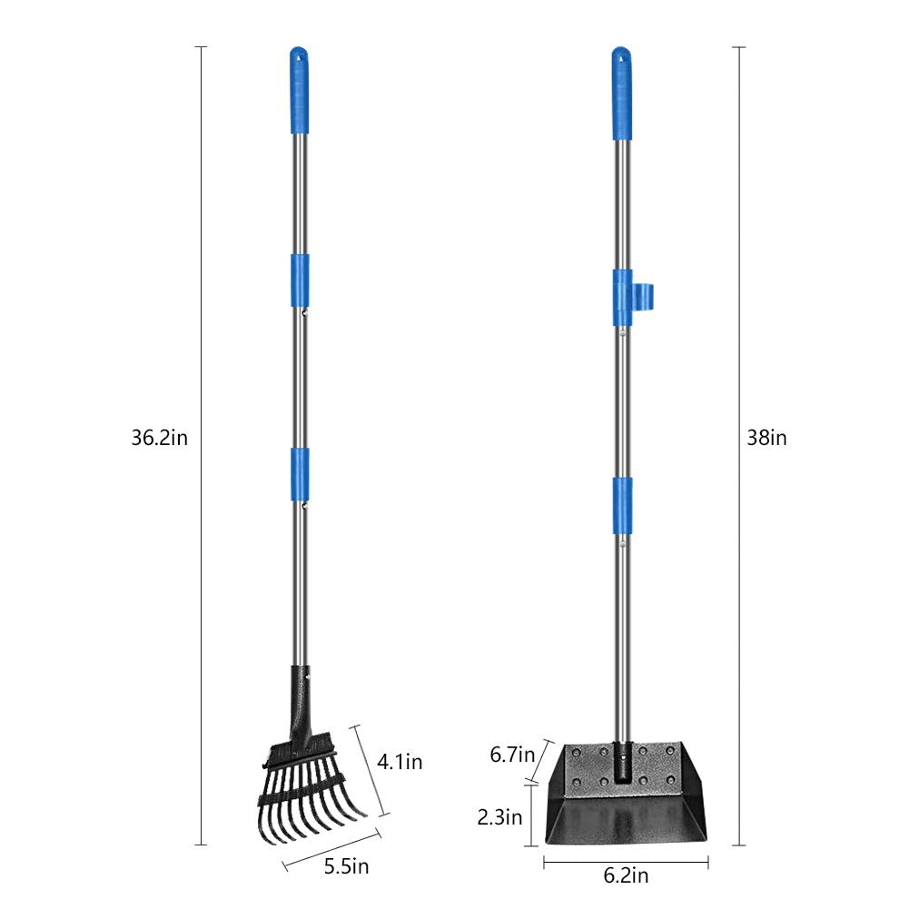 Qimh Upgraded Dog Pooper Scooper Extra Large, Adjustable Long Handle Stainless Metal Pet Poop Tray And Rake Set For Large Medium