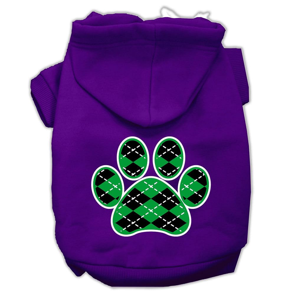 Pet Dog & Cat Hoodie Screen Printed, 'Green Argyle Paw' Purple Lg (10-14 Lbs.)