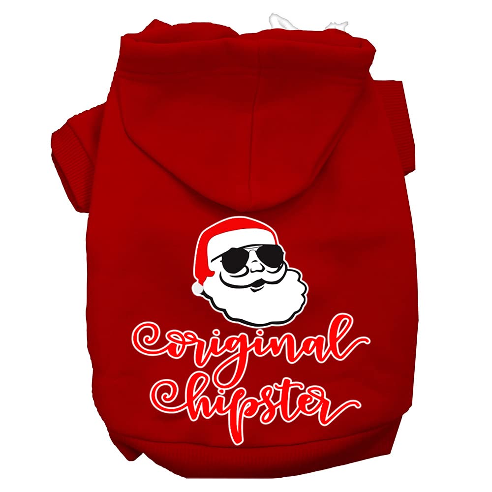 Christmas Pet Dog & Cat Hoodie Screen Printed, 'Original Hipster' Red Sm (3-6 Lbs.)