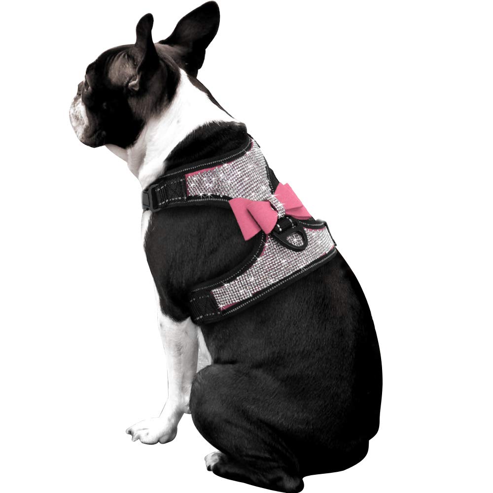 Beirui Rhinestone Dog Harness - Reflective Bling Nylon Vest, Size L, Pink, Suede, with Sparkly Bow Tie for Small to Large Dogs