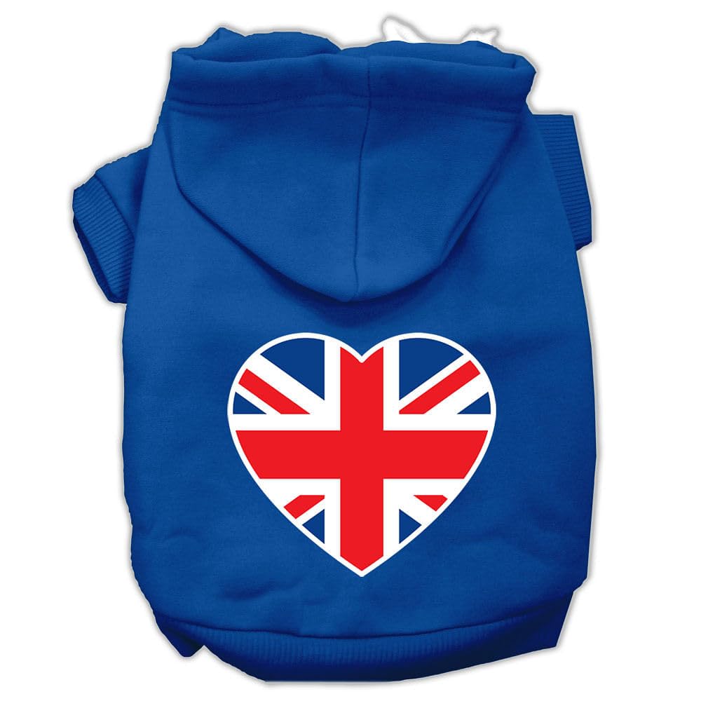 Pet Dog & Cat Hoodie Screen Printed, 'British Flag Heart' Blue Md (6-10 Lbs.)