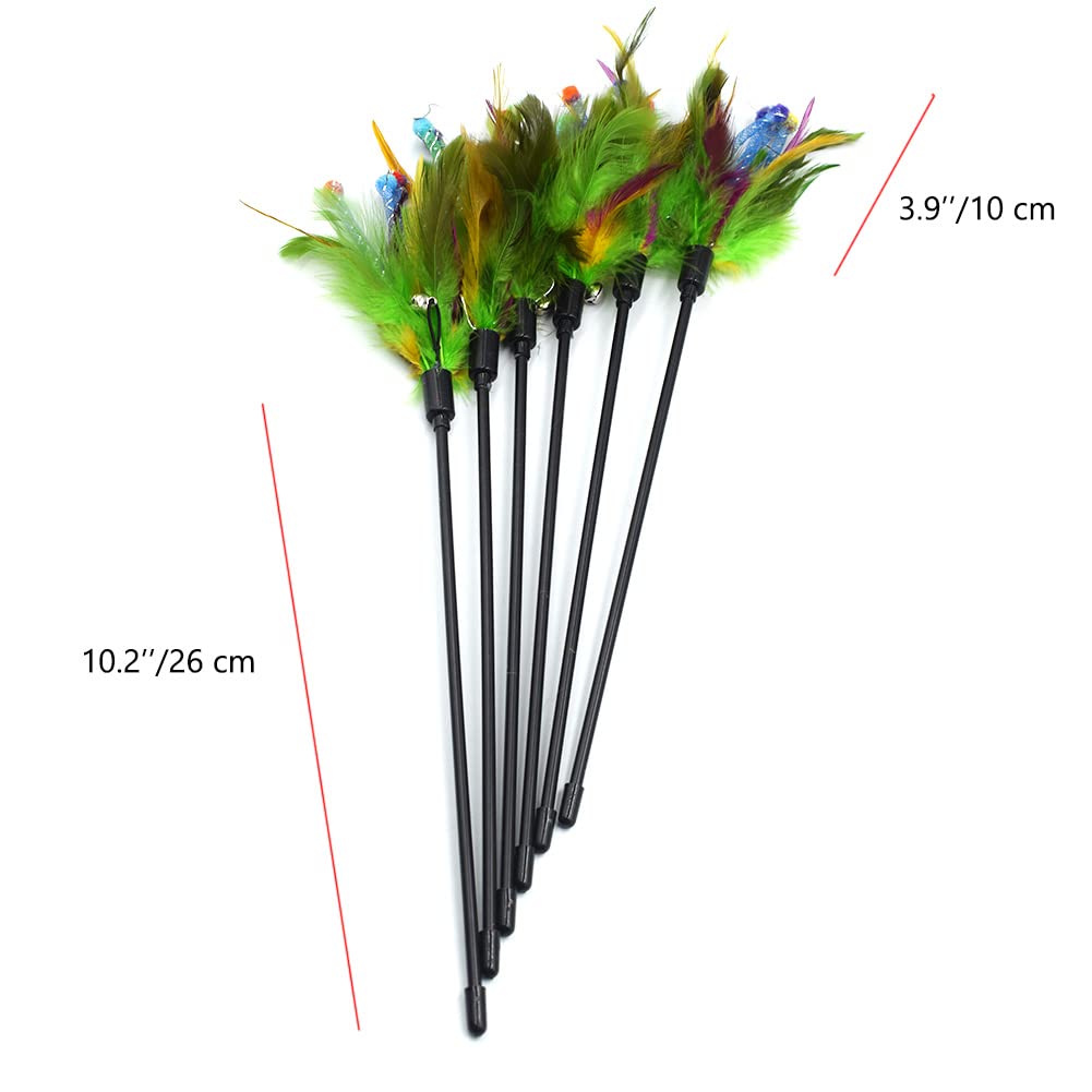 IUHKBH Cat Feather Wands - 6 PCS Interactive Teaser Wand with Colorful Feathers & Bell for Cats and Kittens