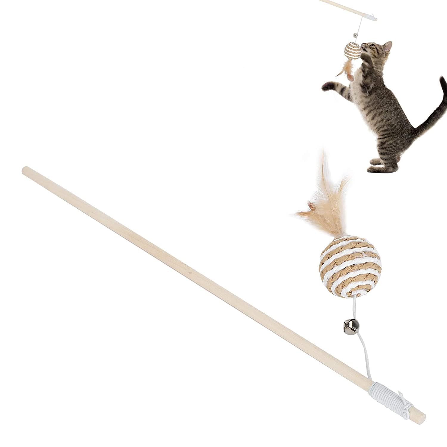 Pet Fun Interactive Cat Feather Wand Toy With Bell  Wooden Handle Teaser Stick For Indoor Cats, Kittens  Retractable String Wi