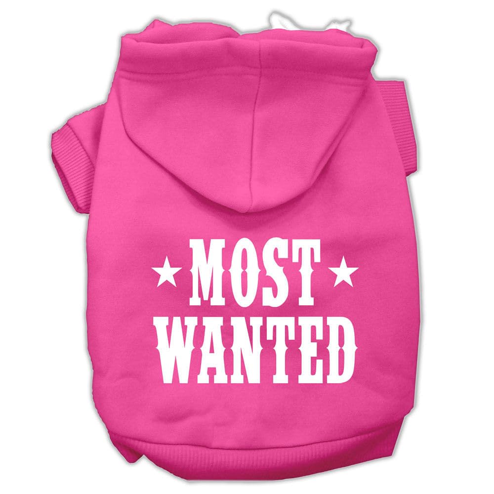 Pet Dog & Cat Hoodie Screen Printed, 'Most Wanted' Bright Pink Xs (0-3 Lbs.)