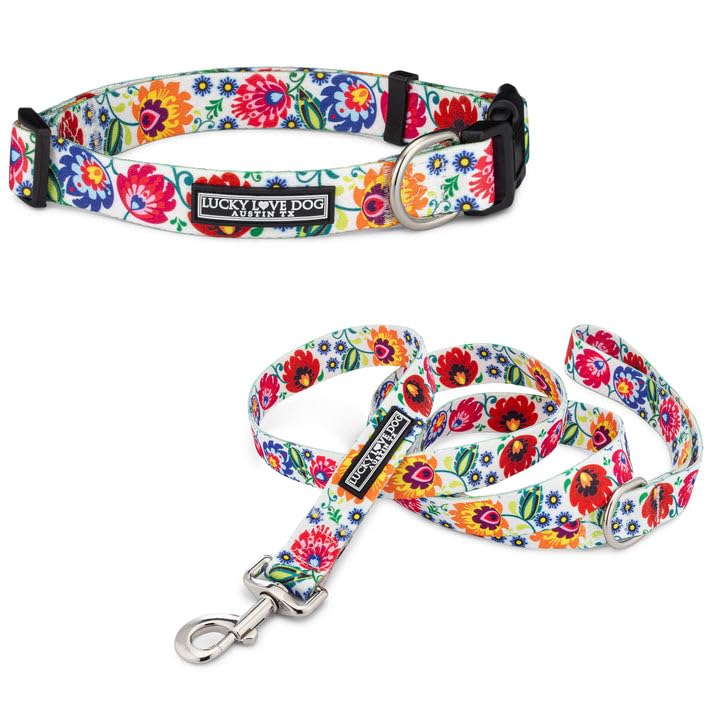 Lucky Love Dog Combo Set | Floral Dog Collar And Leash Set For Large Dogs | Cute Girl Matching Collar & Leash Set | Part Of Purchase Donated To Rescue (Ladybird Collar/Leash Combo, Large)