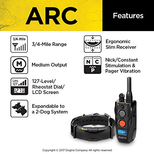 Dogtra Arc Remote Training E-Collar - 3/4 Mile Range - Static Stimulation, Vibration, Audible Tone, Waterproof, Rechargeable, Ex