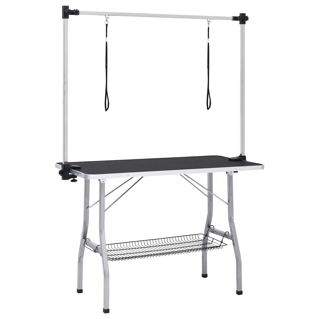 vidaXL Adjustable Dog Grooming Table with 2 Loops and Storage Basket - Steel and Engineered Wood Structure, Non-Slip Tabletop, H
