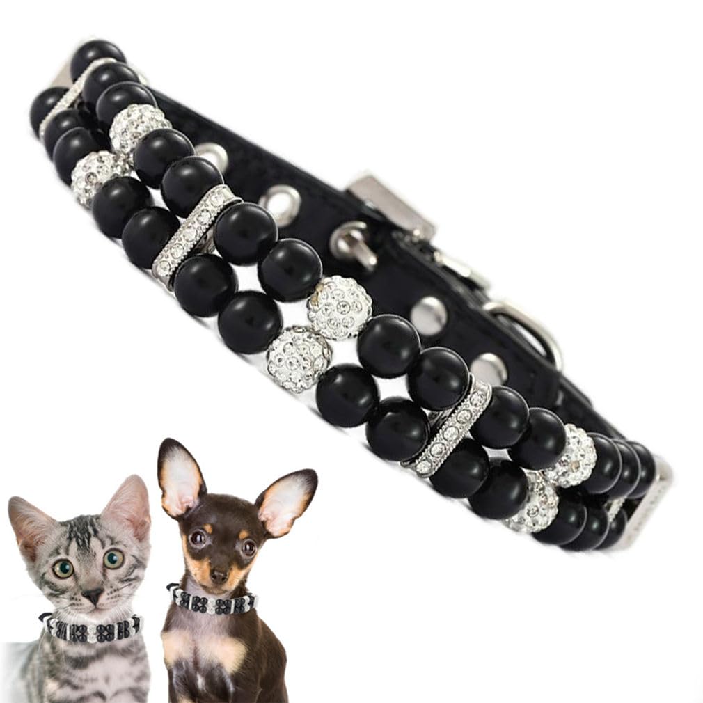 Black Pearl Dog Collar Xs, Fancy Crystal Bling Pearl Cat Collar Rhinestone Luxury Beaded Puppy Necklace Diamond Girl Pet Jewelry