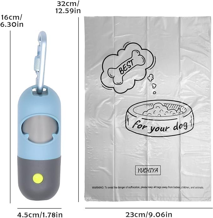 Yuchiya Dog Poop Bags Holder With Led Flashlight, Sky Blue, 15 Bags, 3 Accessories