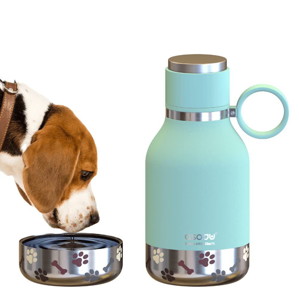 Asobu Dog Bowl Attached To Stainless Steel Insulated Travel Bottle For Human 33 Ounce (Mint Green)