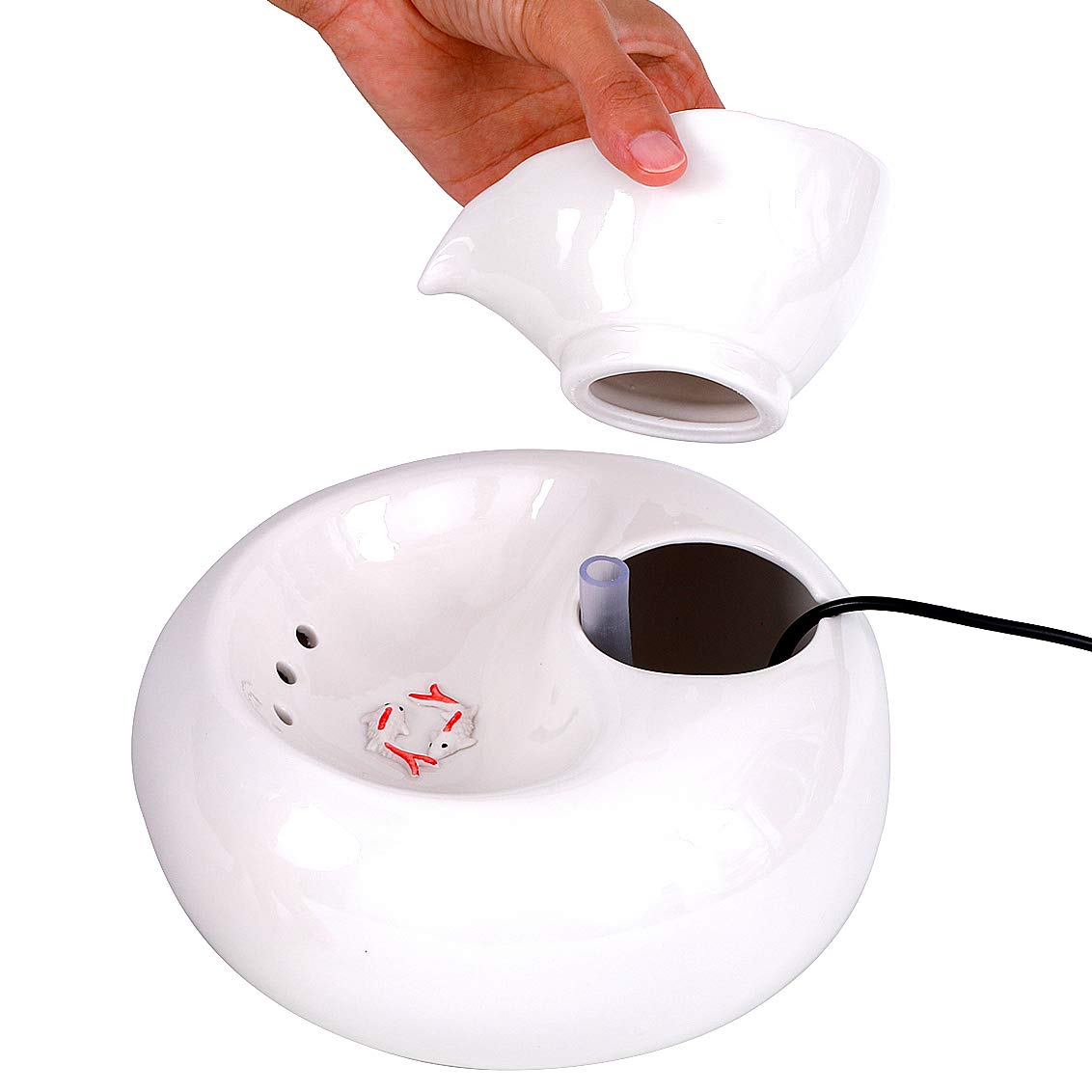 Rose Create Ceramic Cat Drinking Water Fountain, 1.3 Liters Pet Water Fountains For Cats And Dogs, Electric Pet Water Dispenser With Quiet Pump And 5 Replacement Filters - White Leaf Style