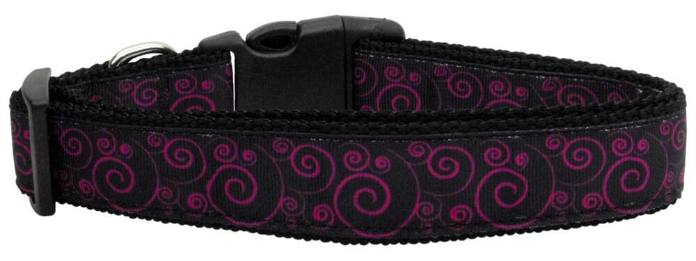 Mirage Pet Products Pink/Black Swirly Nylon Ribbon Dog Collar, Large, Pink/Black