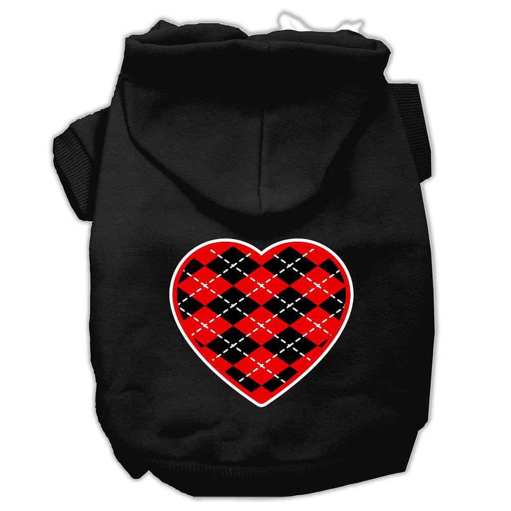 Pet Dog & Cat Hoodie Screen Printed, 'Red Argyle Heart' Black Xs (0-3 Lbs.)