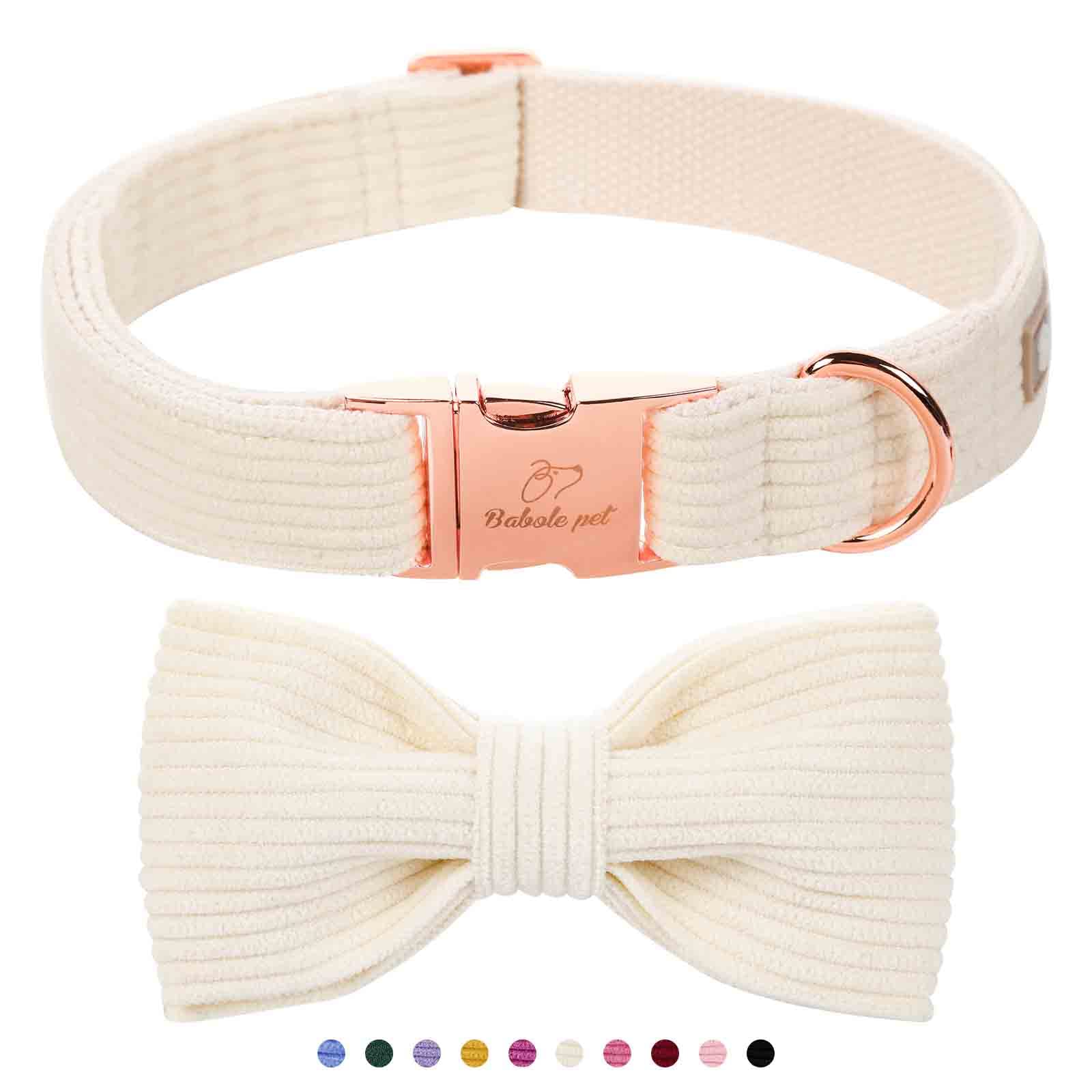 Babole Pet White Dog Collars for Large Dog,Cute Corduroy Dog Collar with Bow Tie Safety Metal Buckle Adjustable Puppy Collars fo