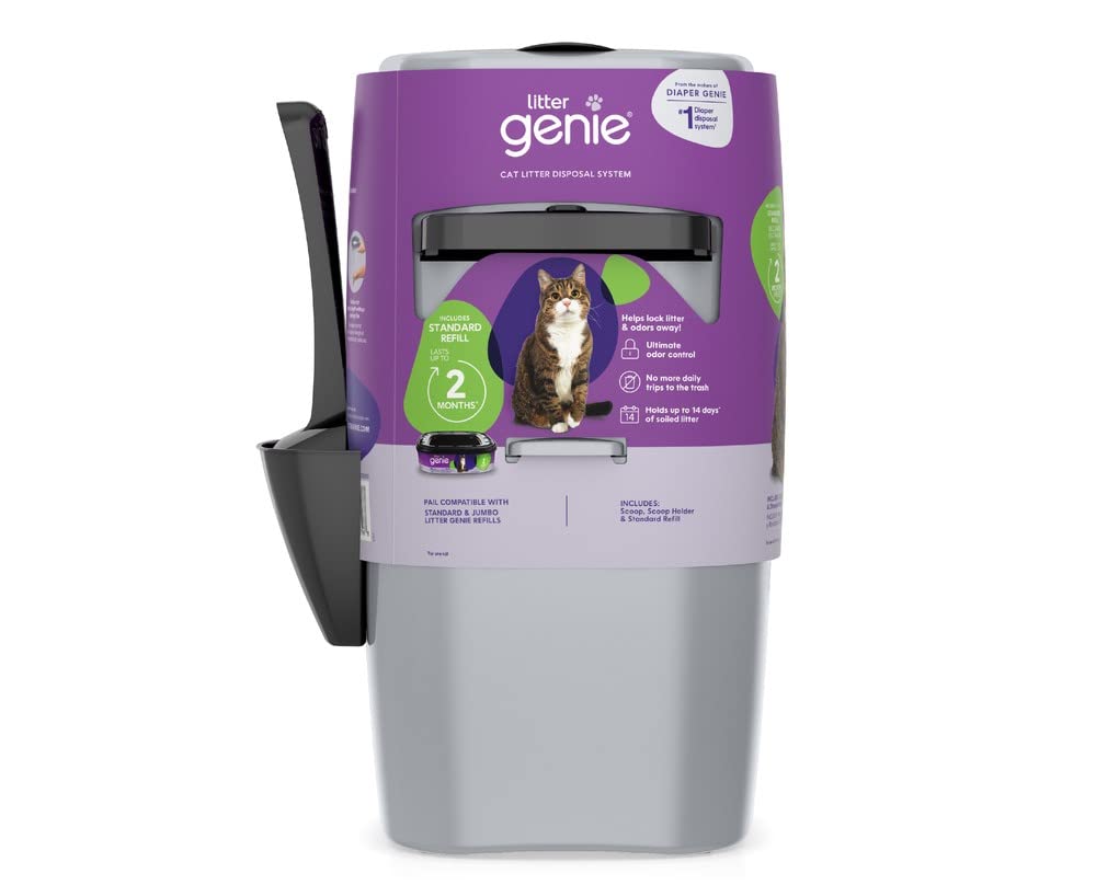 Litter Genie Standard Pail (Silver) | Cat Litter Box Waste Disposal System For Odor Control | Includes 1 Square Refill Bag