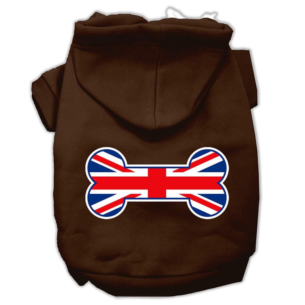 Pet, Dog & Cat Hoodie Screen Printed, Bone Shaped Flag United Kingdom (Union Jack) Flag Brown XL (14-20 lbs.)