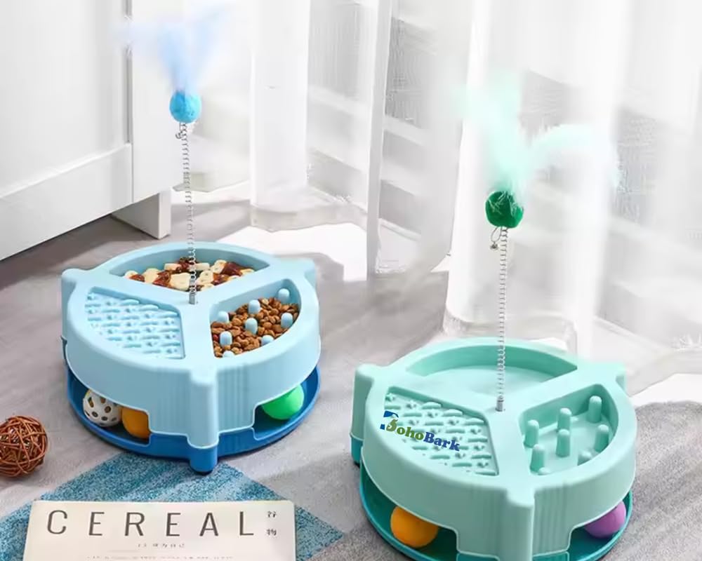 Bohobark 2 In 1 Cat Interactive Toy Roller 3Level Turntable Cat Toy Ball Track Cat Ball Tower Cat Slow Feeder Food Dispenser Ca