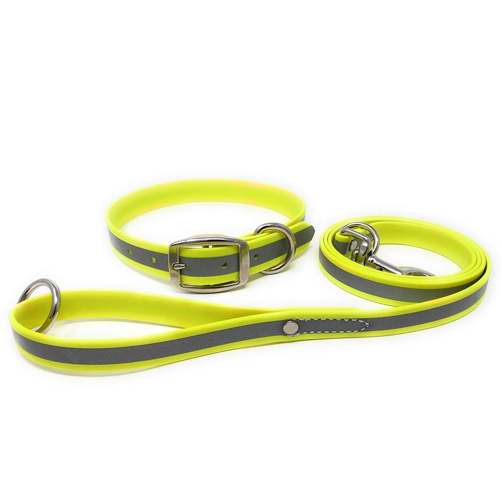 Regal Dog Products Large Yellow Reflective Dog Collar And Leash Set - Waterproof Biothane Dog Collar With Heavy Duty Double Buck