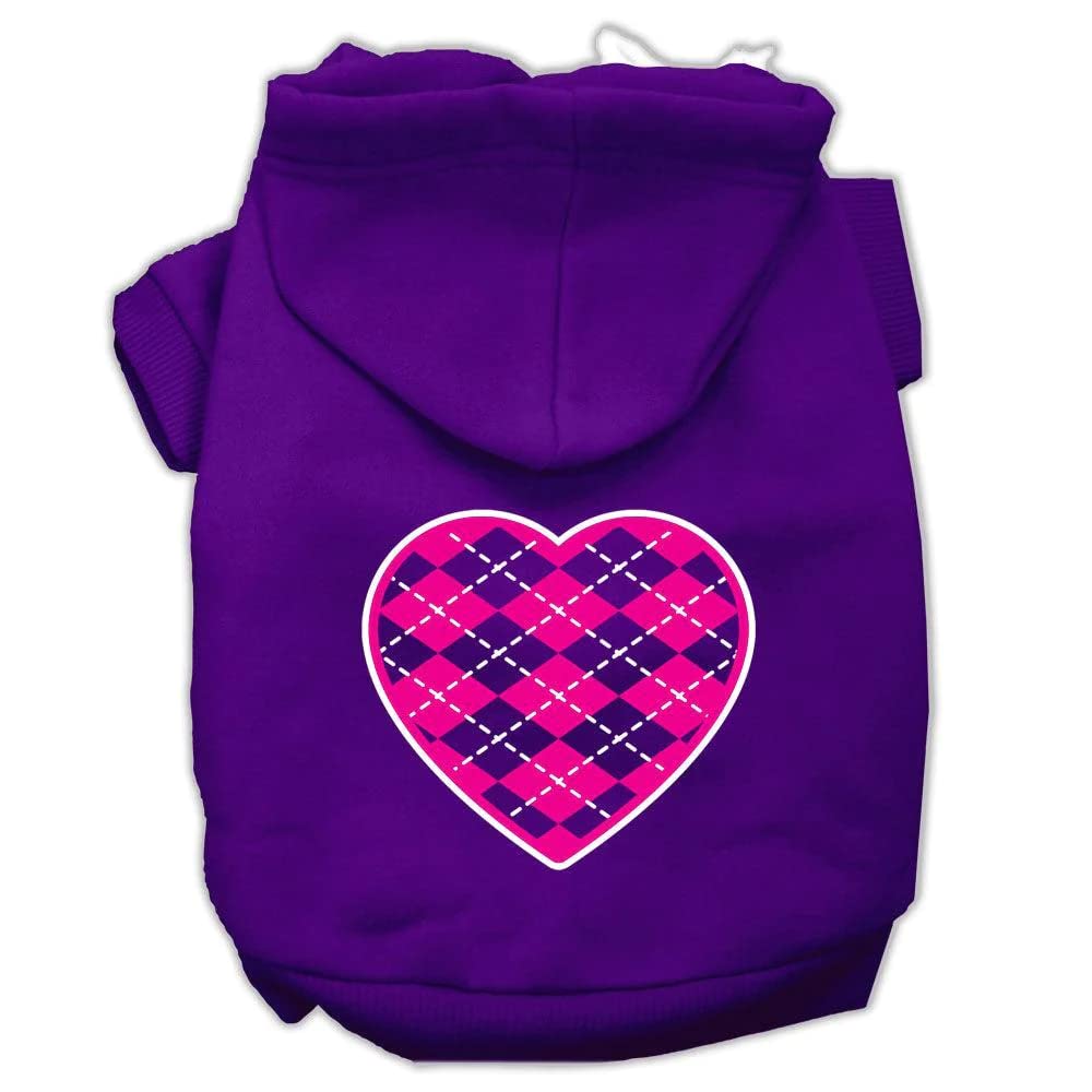 Pet Dog & Cat Hoodie Screen Printed, 'Pink Argyle Heart' Purple Sm (3-6 Lbs.)