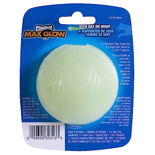 Chuckit! Max Glow Ball Dog Toy, Medium (2.5 Inch Diameter) for dogs 20-60 lbs, Pack of 1