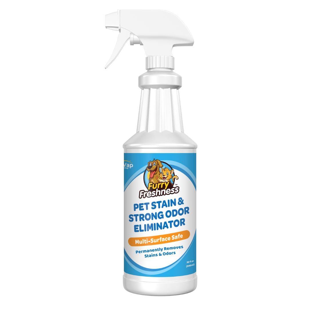Furryfreshness Extra Strength Cat Or Dog Pee Stain & Permanent Odor Remover + Smell Eliminator -Removes Stains From Pets & Kids Including Urine Or Blood- Lifts Old Carpet Stains- 32Oz Spray