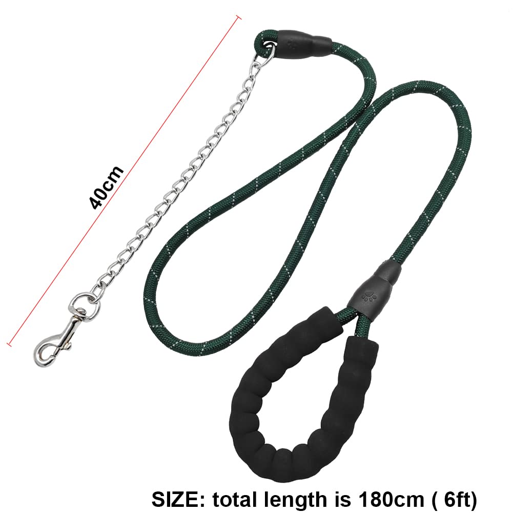Btinesful 6Ft Chewproof Dog Leash, Strong Nylon Rope With Anti-Chewing Chain And Padded Handle For Medium Large Dogs Outdoor Training Walking Hiking Dark Green